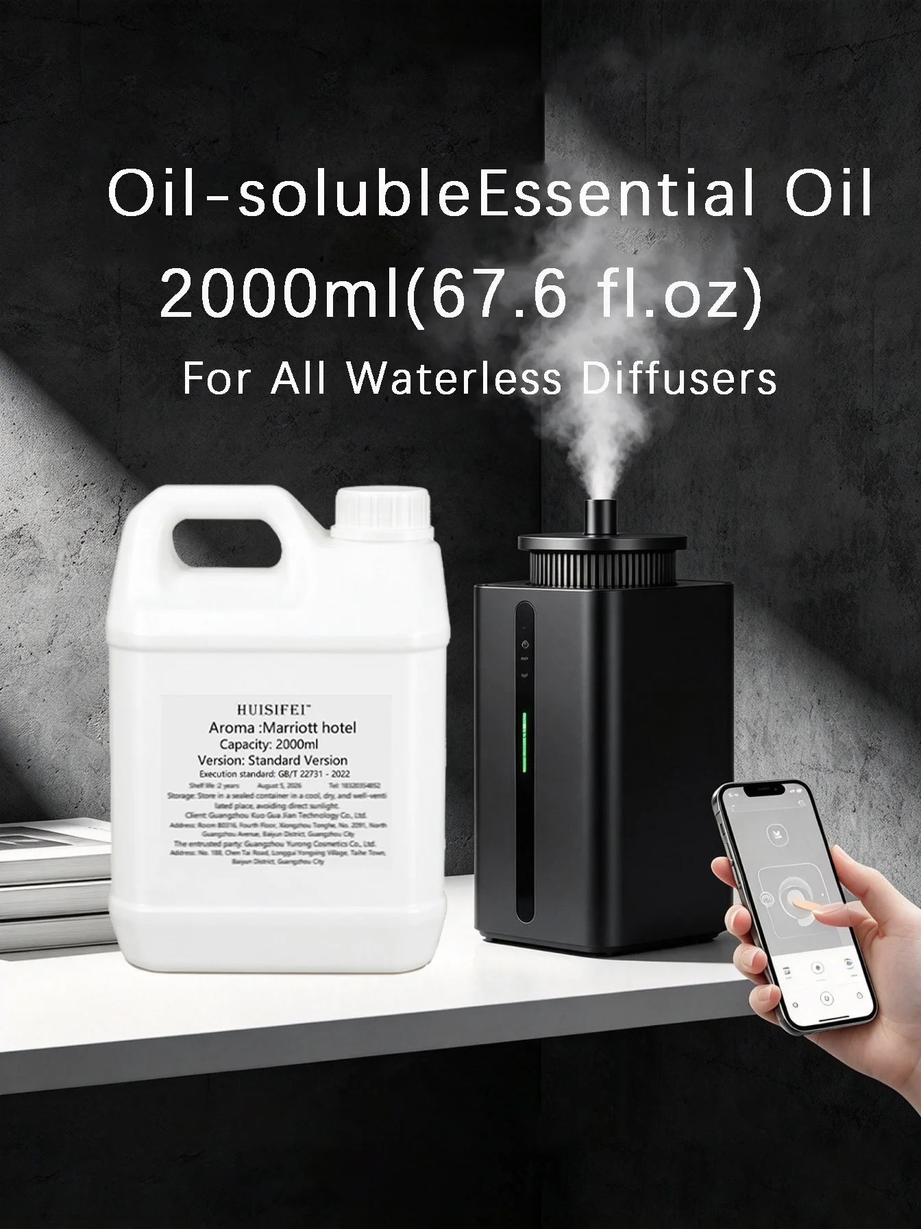 HUISIFEI Essential Oil - Compatible with all waterless aroma machines - Oil-soluble - Kempinski White Tea 2000ml (67.6 fl.oz)