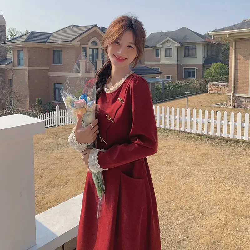 Korea Princess Dress Women Autumn and Winter Wear Large French Design Red Dress Long Skirt Female Y2k Dress