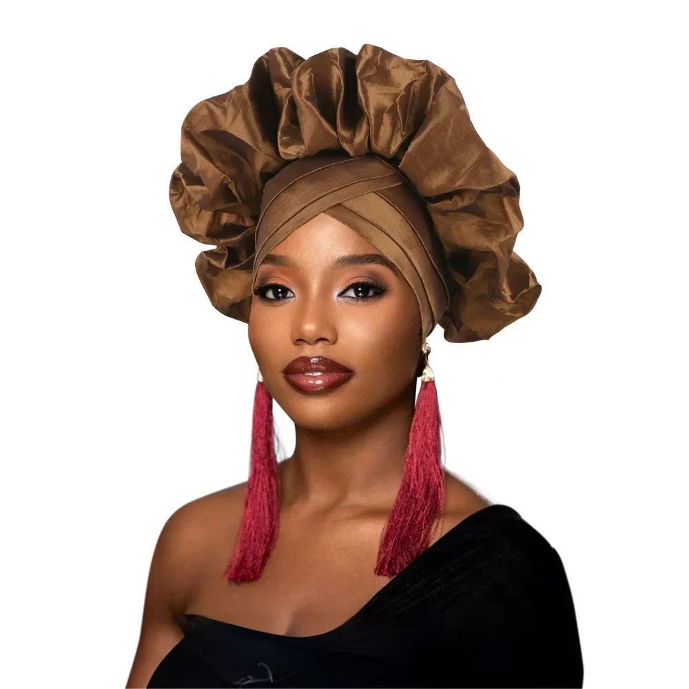 African Headtie Women Front Cross Ruffle Turban Cap Nigerian Wedding Auto Gele Headpiece Head Wrap Hijab Bonnet Hat Headdress