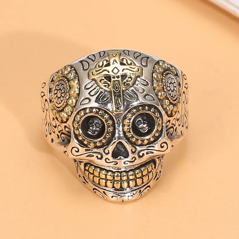 

925 silver skull ring men's Manly cross rock hip-hop hipster index finger middle finger ring Thai silver