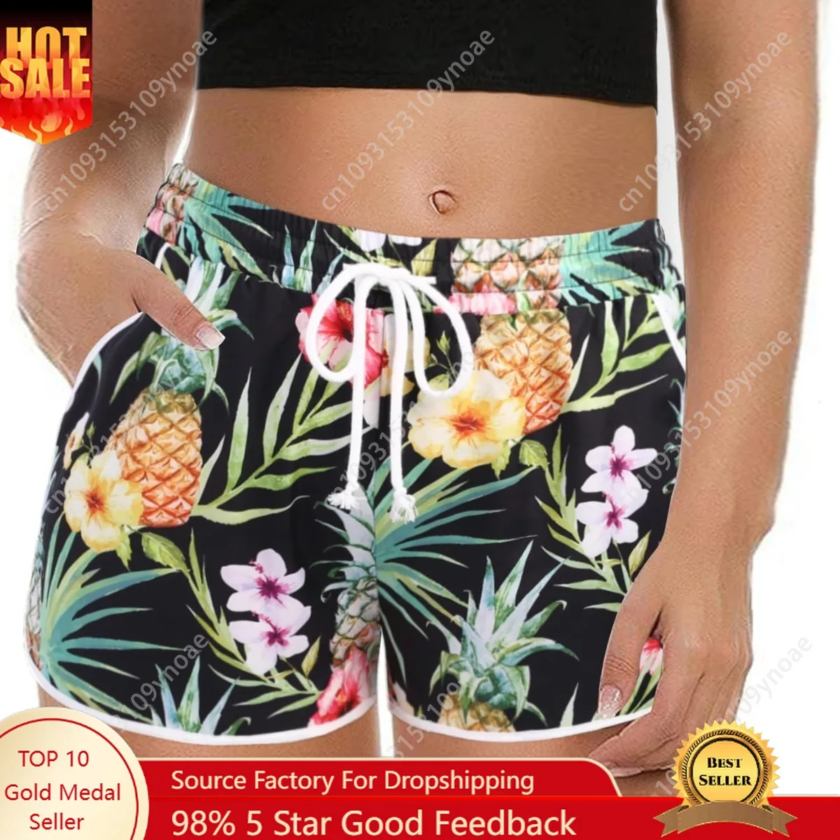 

Tropical Fruit Flowers Print Women Quick Dry Surf Shorts Solid Stretch Swim Scanties Retro Bathing Suit Panties with Pockets