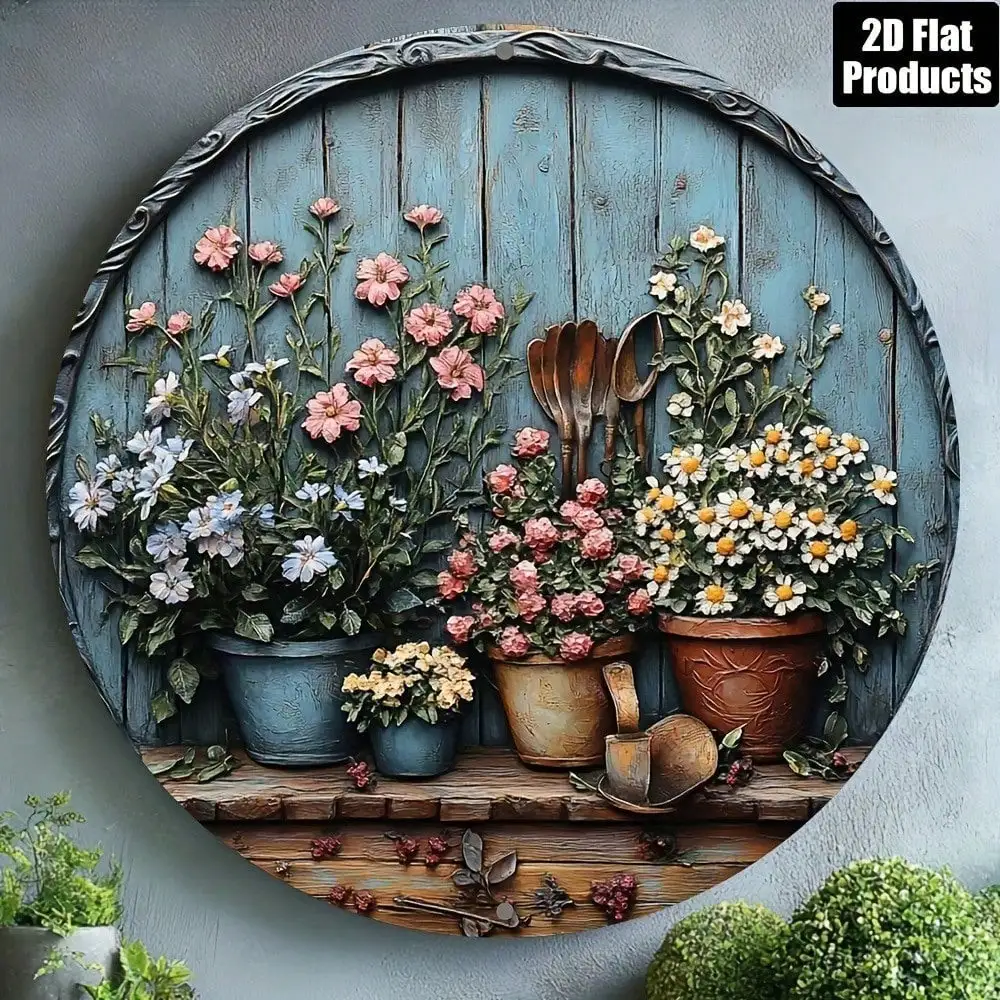 Vintage Round Aluminum Wall Art, Rustic 8X8 Inch Metal Plaque for Garden Decor, Flat Floral & Tool Design for Kitchen Cafe.