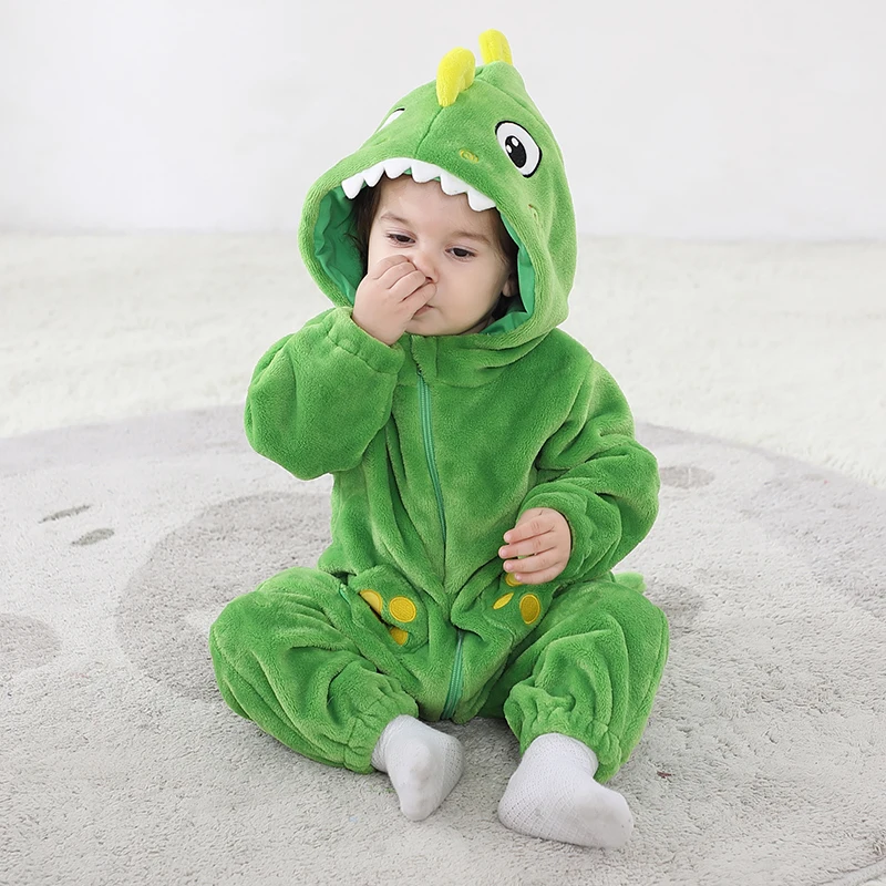 Kigurumis Dinosaur Newborn Baby Clothes Pajamas Boy Girl Romper Infant Winter Warm Animal Cosplay Costume Outfit Hooded Overalls