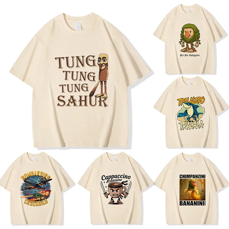 Tralala Tung Sahur Bombardiro Crocodile Pattern T-shirt Interesting Italian Brainrot T-shirt Female Model Yin Printed T-shirt
