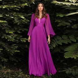 Customized Simple Purple Chiffon Prom Dress Elegant V-Neck Pleat Long Sleeve A-Line Floor Length Evening  Robe De Soirée Femme 2