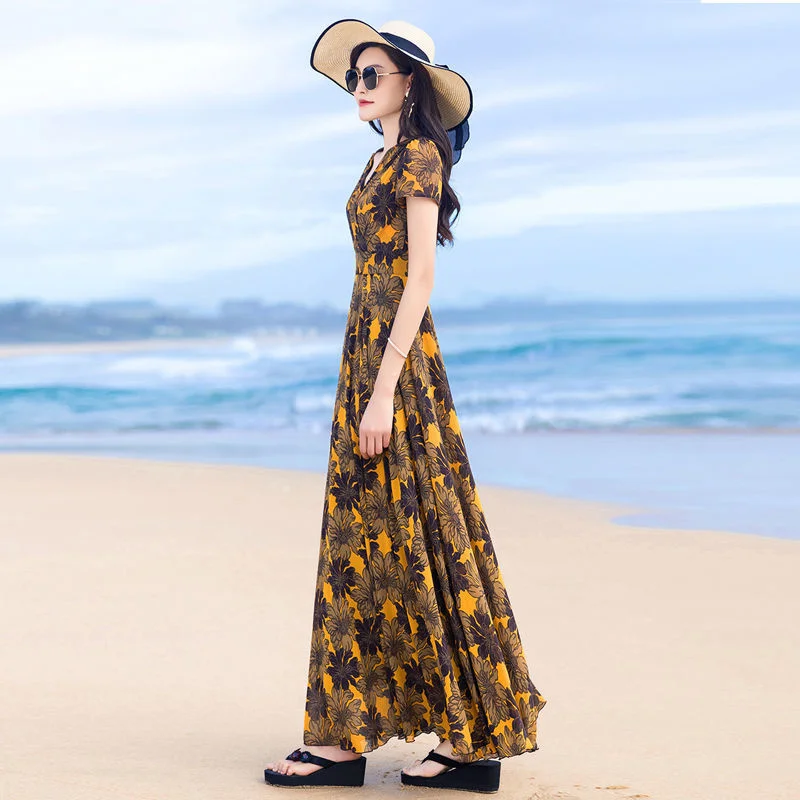 Robe en mousseline de soie femme 2025 été nouveau Style imprimé col en v coupe ajustée plage vacances grande balançoire longue robe femmes tempérament loisirs