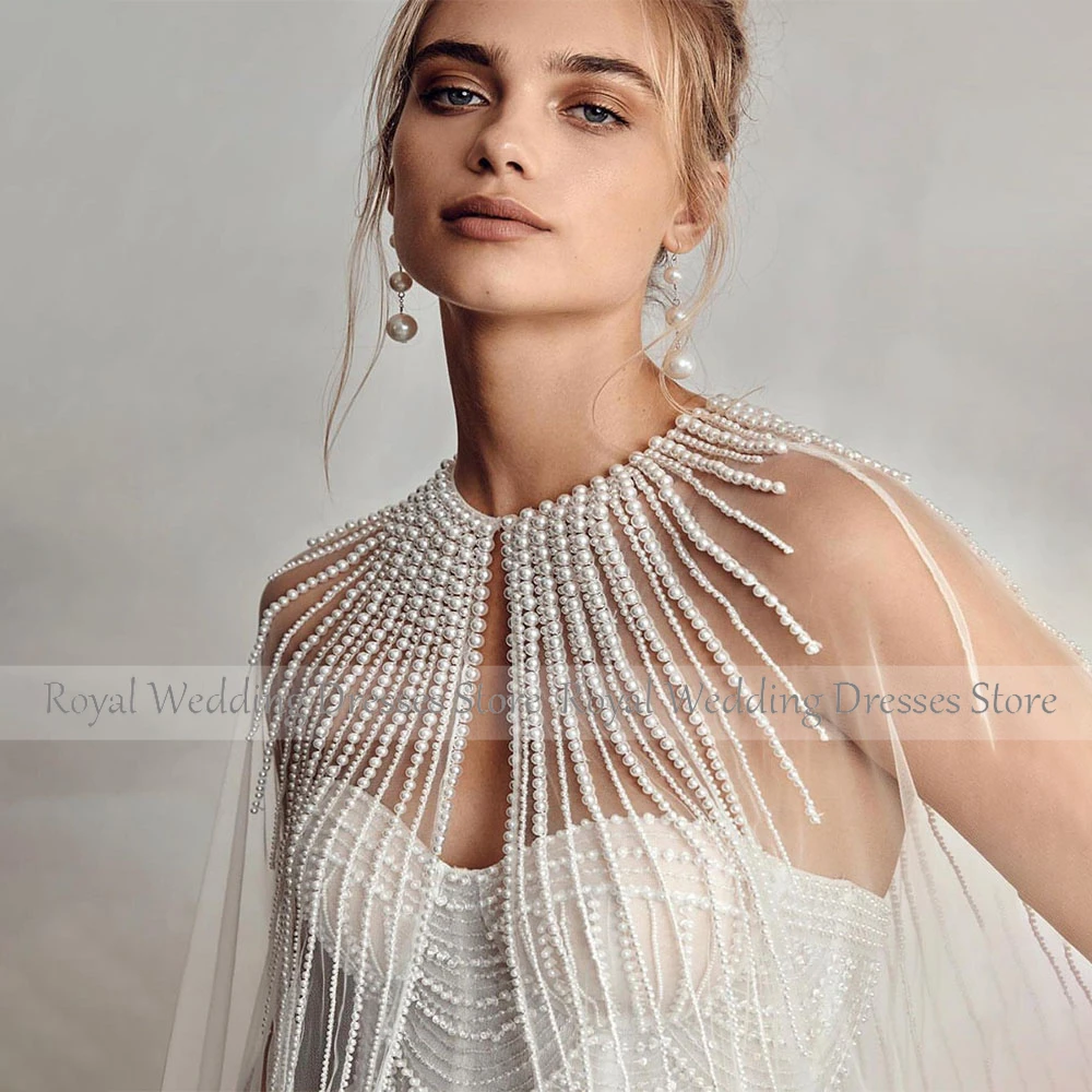 Luxury Wedding Dresses for Bride Pearls Beading Sweetheart A Line  Gowns with Wrap Long Ivory Tulle Backless Bridal Dress