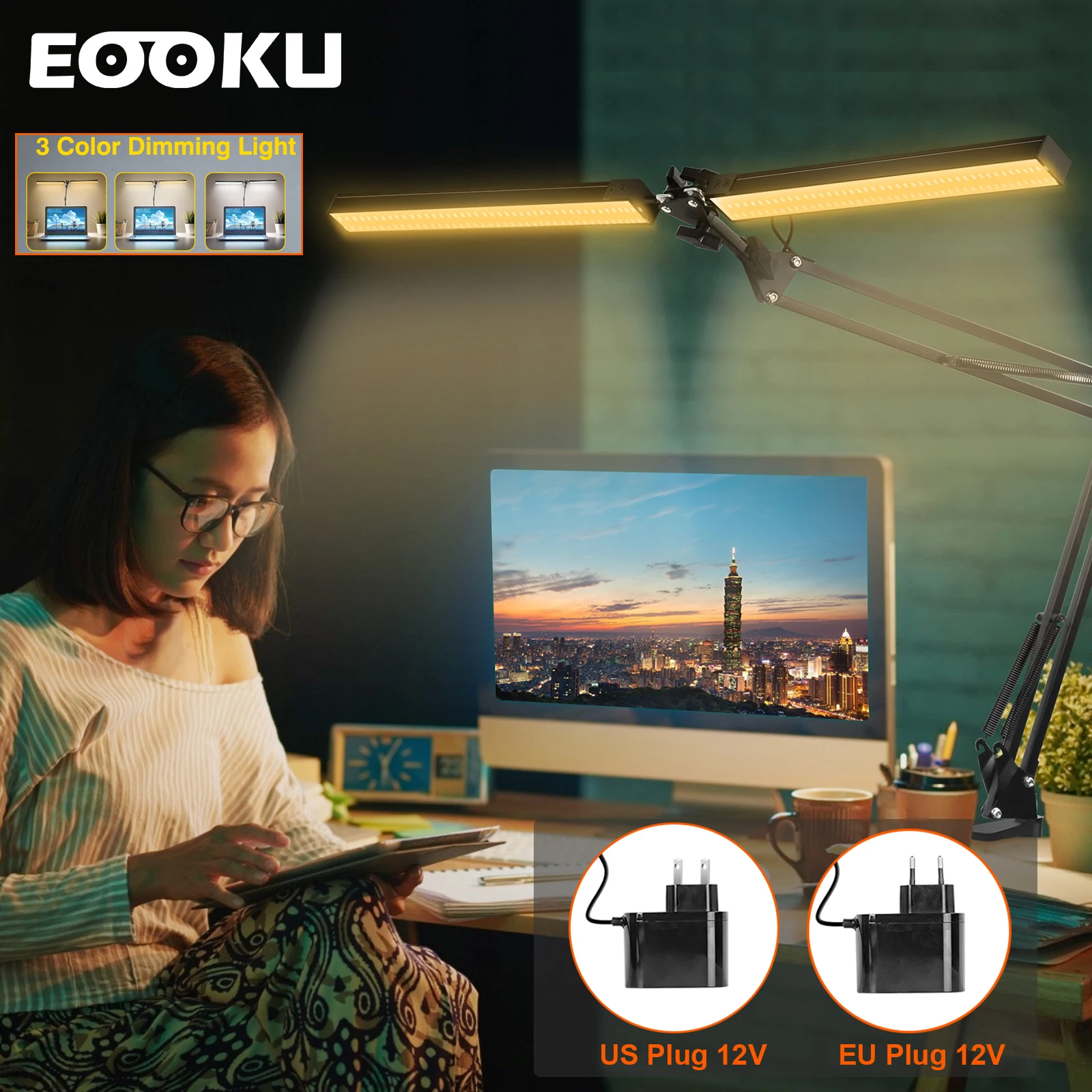 

EOOKU 24W Table Light with160Pcs LED Lights EU/US 12V Large Range Screen Hanging Lamp 3 Color Desk Lamp Reading Lighting Tools