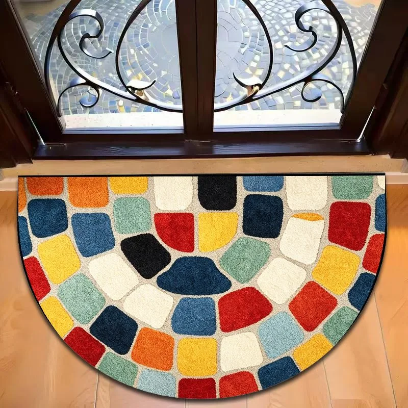 VIKAMA Half Round Colorful Cobblestone Mosaic Doormat Anti-Slip Absorbent Semicircle Entrance Rug Front Door Floor Mat Home
