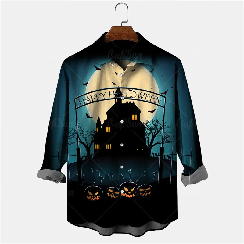 Brand New Mens Halloween Shirt Pumpkin Castle Pattern 3D Printed Long Sleeve Shirt Premium Horror Party Tops