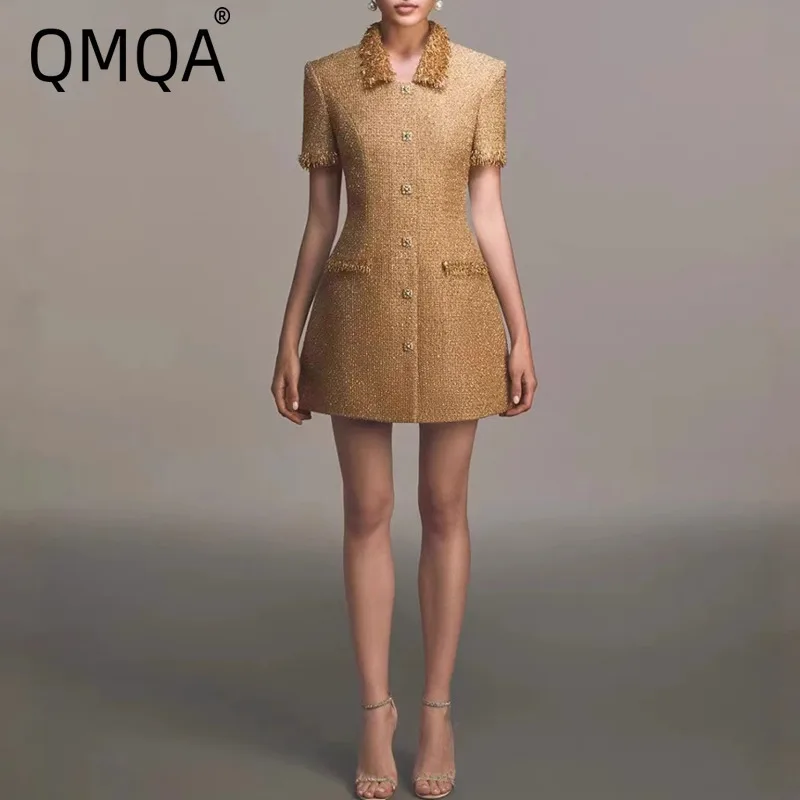 QMQA Fashion Women's Golden Thread Short Dresses Lapel Long Sleeve Slimming A-line Dress 2025 Female Spring New Clothing QM61