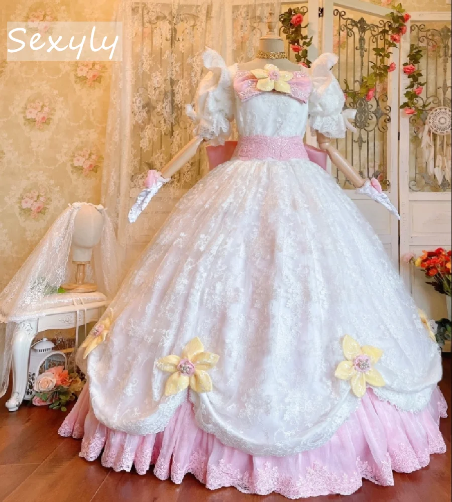 

Unique Pink White Medieval Wedding Dress With Flowers Short Sleeve Lace Edwardian Court Bridal Dress Bow Gothic Bride Customized