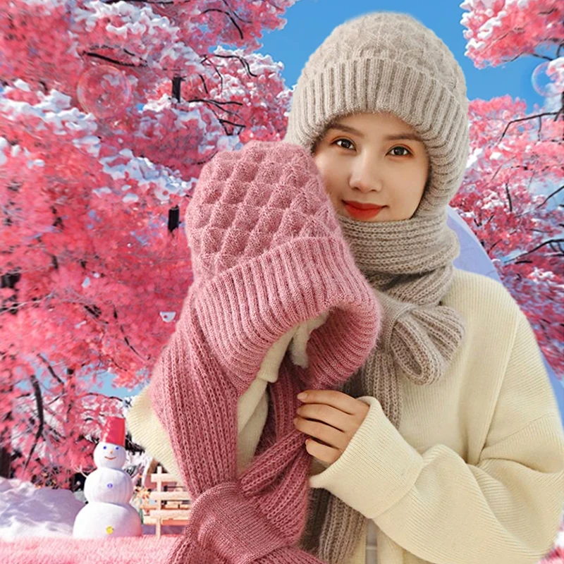 Velvet Thickened Plush Hats And Scarf All In One Knitted Women's Winter Double Layer Warm Wool Hooded Ear Protection Beanie Cap