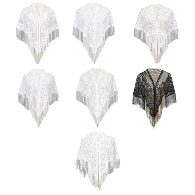 YUYU Hollowed Out Tassels Shawl Solid Laces Shawl Breathable Poncho Multipurpose for Parties and Travel