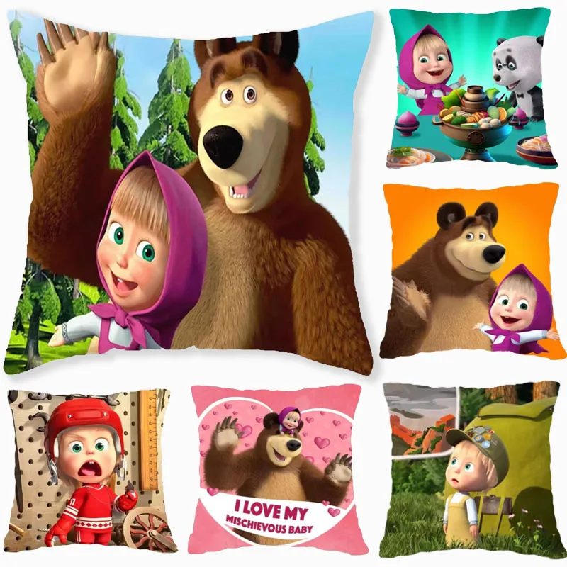 Masha and the bear short plush double sided cartoon printed pillow case cartoon characters children pillow case home  masha