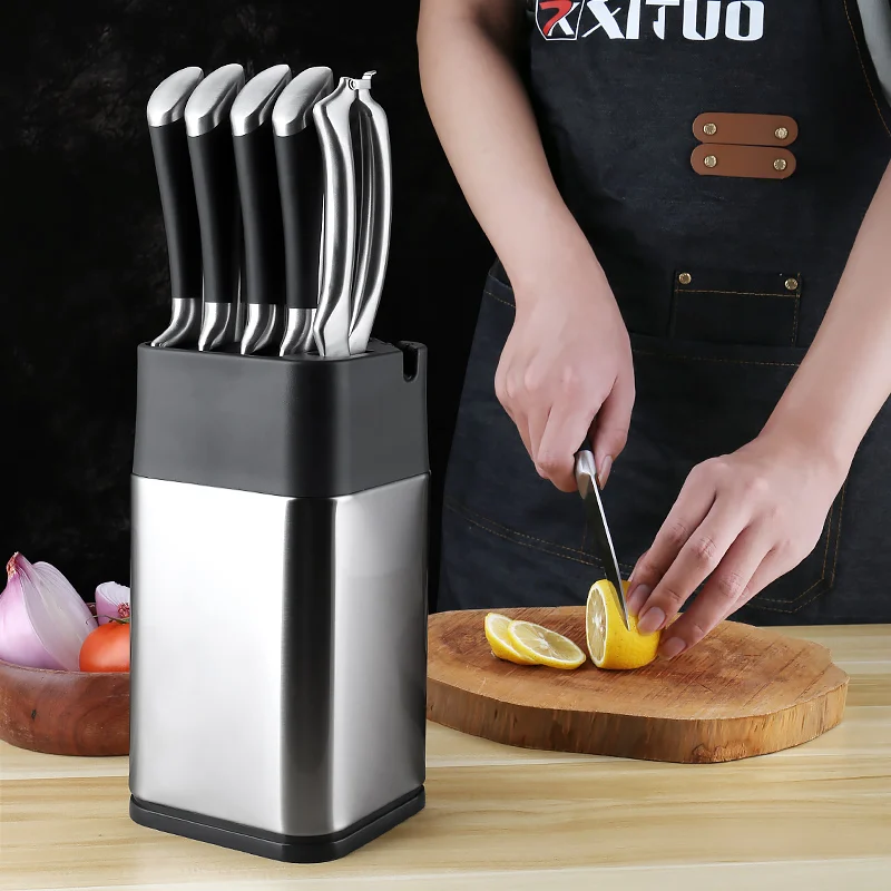 XITUO Knife Holder Stainless Steel Stand Storage Kitchen Knife Block Scissors Sharpener Function Stand High-end Kitchen Accessor