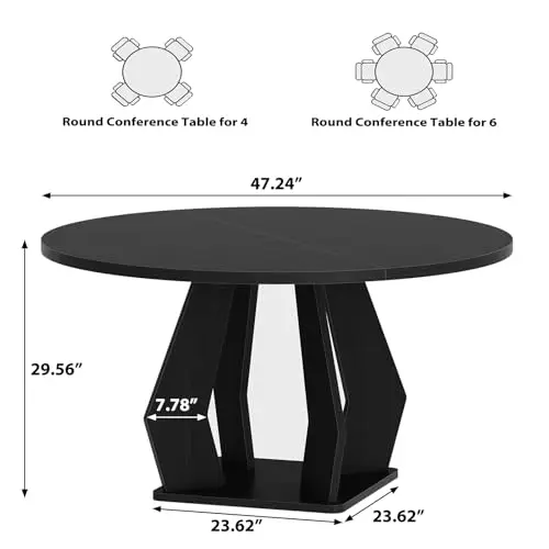 Round Conference Table for 4-6, Meeting Table for Office, Black, 47inch | Round Table with Thicken Tabletop and Wood