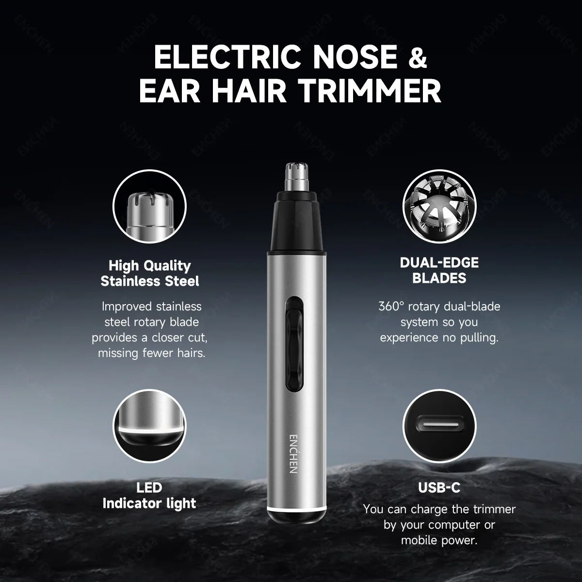 ENCHEN EN001 Aparador de pêlos profissional para nariz e orelha com cabeça de corte de aço inoxidável Porta de carregamento USB-C e luz indicadora LED
