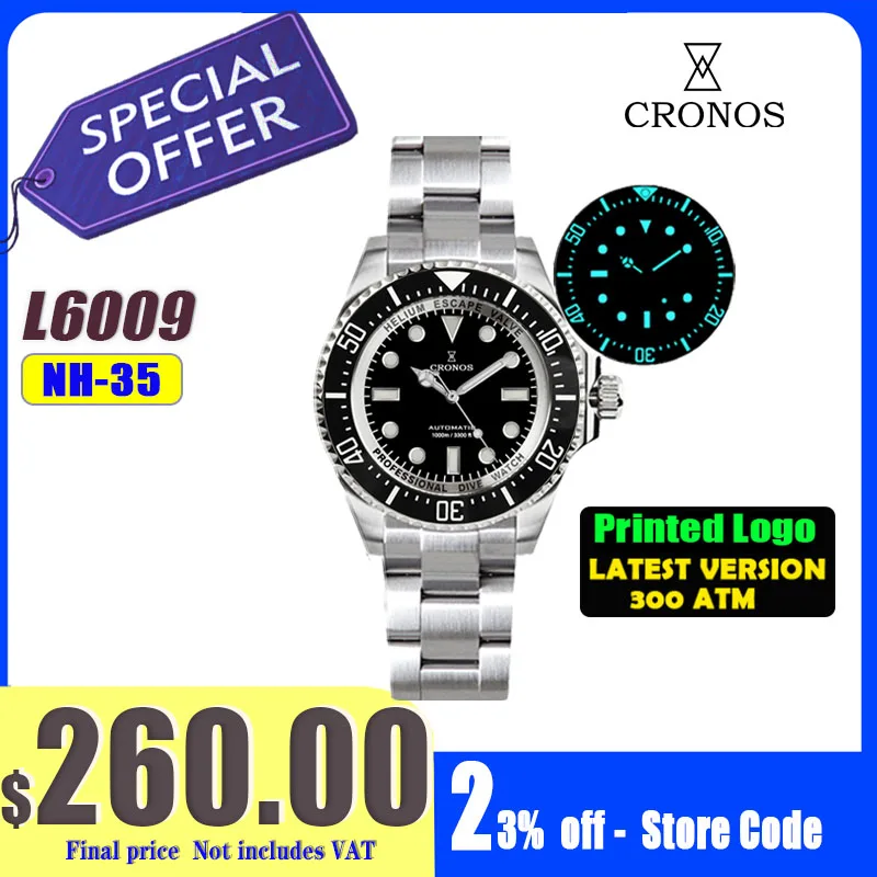 Cronos relógio masculino de mergulho automático, pulseira de aço inoxidável, 2000 metros de resistência à água, mergulhador profissional, relógios masculinos l6009m