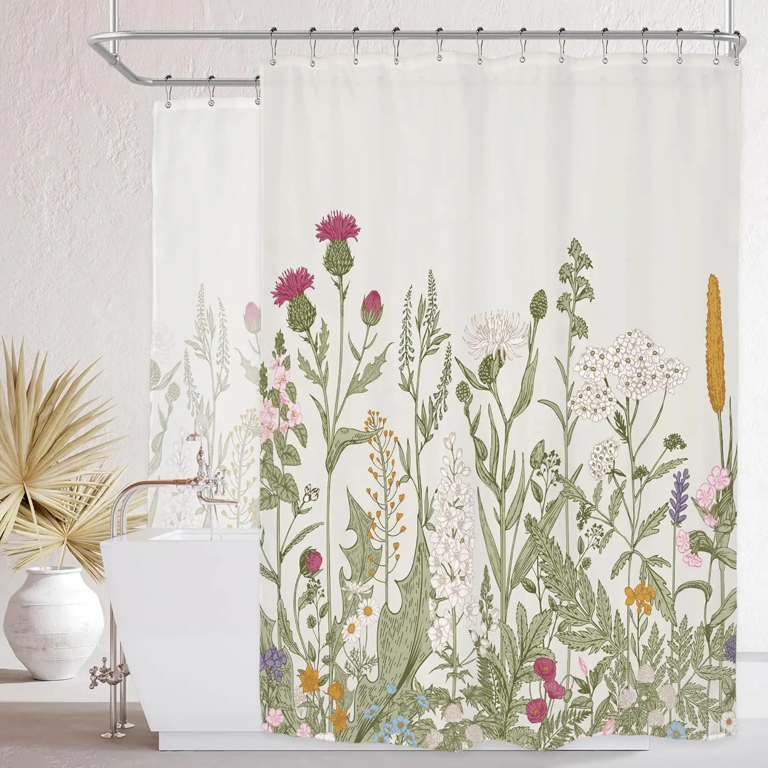 

Extra Wide Circular Shower Curtain 180x70 Inch Waterproof Floral Botanical Decor for Modern Bathroom with 32 Metal Hooks