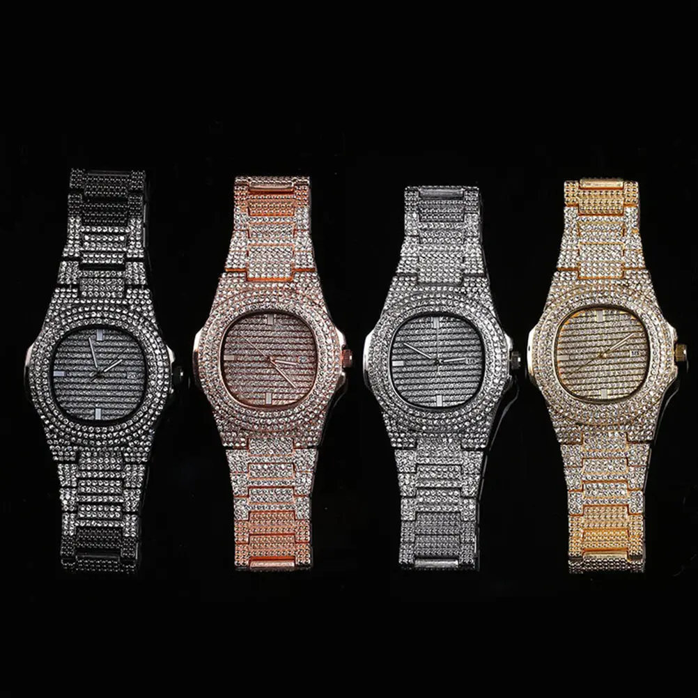 

Часы с кварцевым механизмом и стразами для мужчин, черные наручные часы, модные, прочные, в подарок на день рождения, Рождество, свадьбу