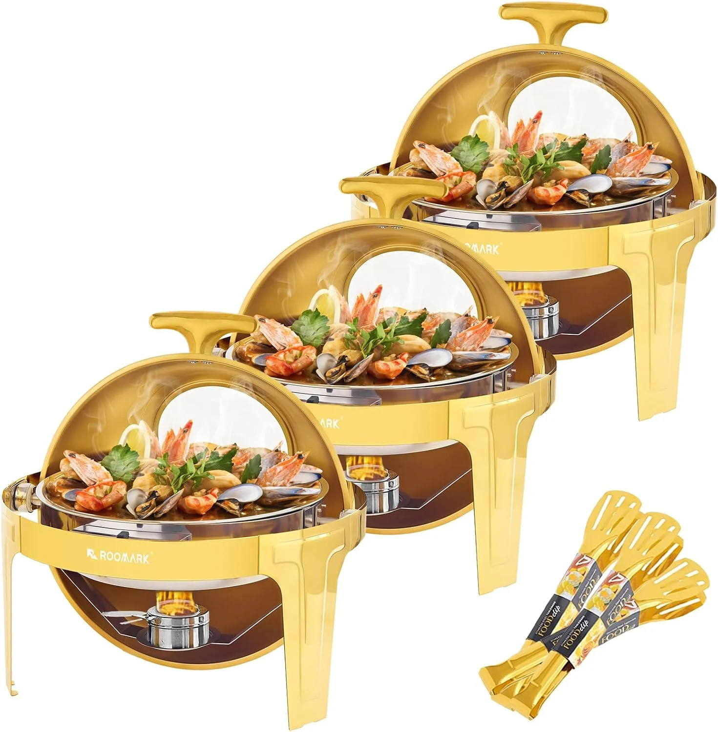 6QT Round Chafing Dish Buffet Set-3 Packs, Roll Top Gold Chafing Dishes for Buffet, Chafer and Buffet Warmers Set with Thick Frame for Catering Party Wedding