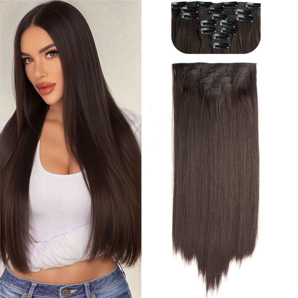 Estilo lacio largo, 16 clips, set de 7 piezas, extensiones de cabello sintético natural rubio y negro, resistente al calor para mujer 6