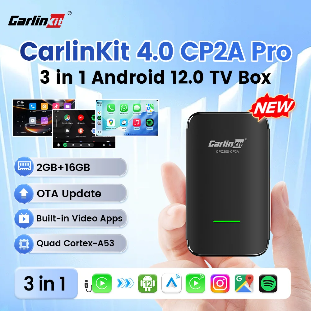CarlinKit 4.0 Pro Android 12 Wireless CarPlay Android Auto Adapter 3-in-1 Smart Car TV Box for OEM Car Built-in Video Apps FOTA
