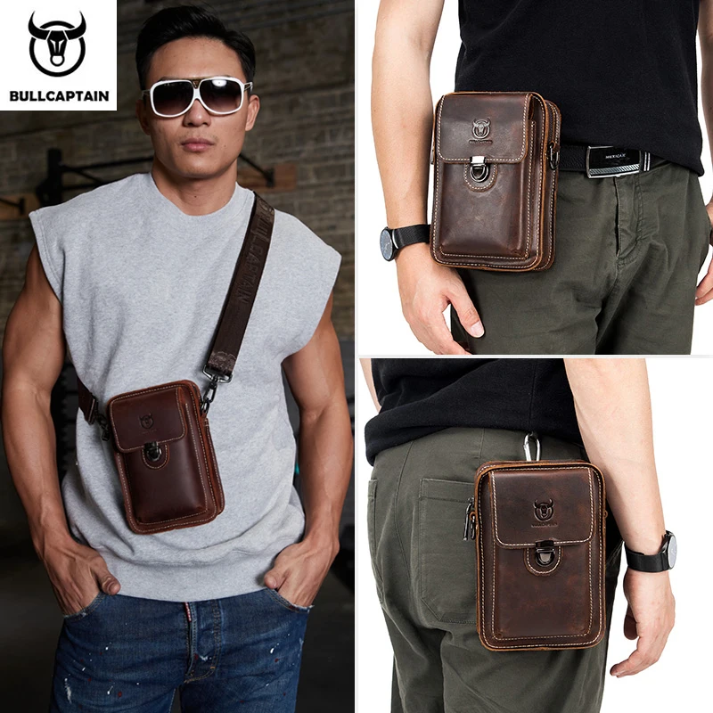 BULLCAPTAIN Crazy Horse Leather Male Waist Pack Phone Pouch Bags Waist Bag Men\'s Small Chest Shoulder Belt Bag Back Pack YB075