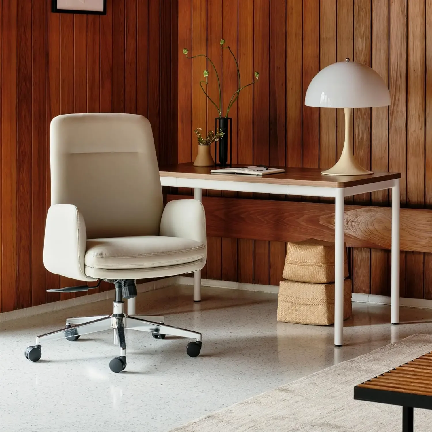 Mid Century Modern Office Chair, Vegan Leather - Removable Arms & High Back Design with Luxury Cloud-Like Comfort - justable