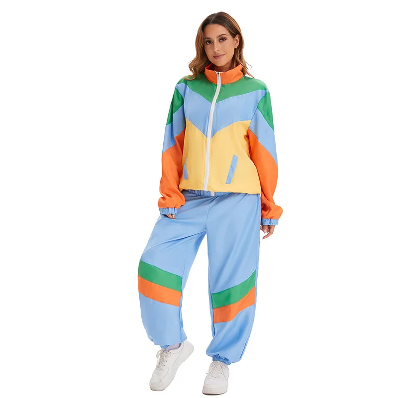 

Halloween Carnival Party Adult Costume Retro Shrink Color Block Disco Role Play Costume Full Set Of Jacket Pants Uniform Outfits