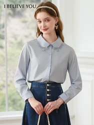 I BELIEVE YOU Shirt For Women 2023 Autumn New Blue French Lace Patchwork Peter Pan Collar Unique Chic Slim Blouses 2233055335