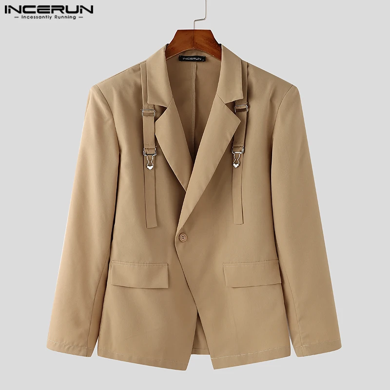 INCERUN Tops 2025 American Style Fashion Men Deconstruct Metal Buckle Suit Coat Casual Streetwear Male Solid Long Sleeved Blazer