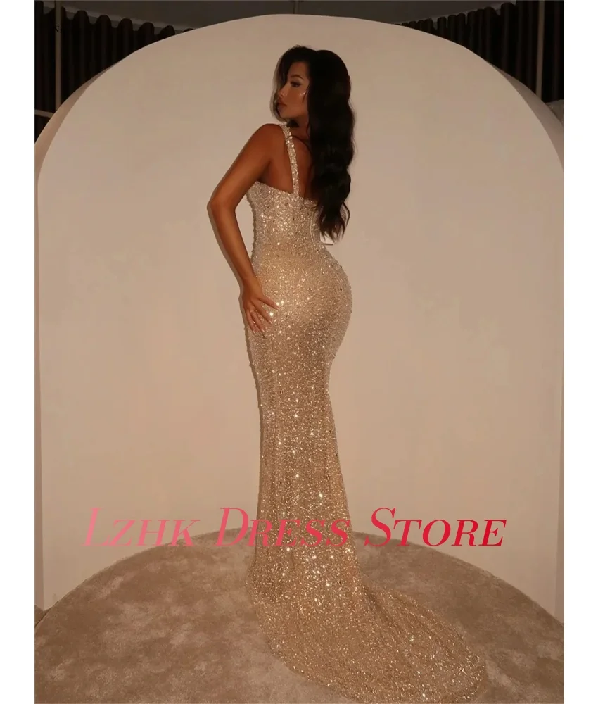 Aangepaste luxe lovertjes zeemeermin spaghettibandjes avondjurk hoge kwaliteit mouwloze lieverd vloerlengte galajurken