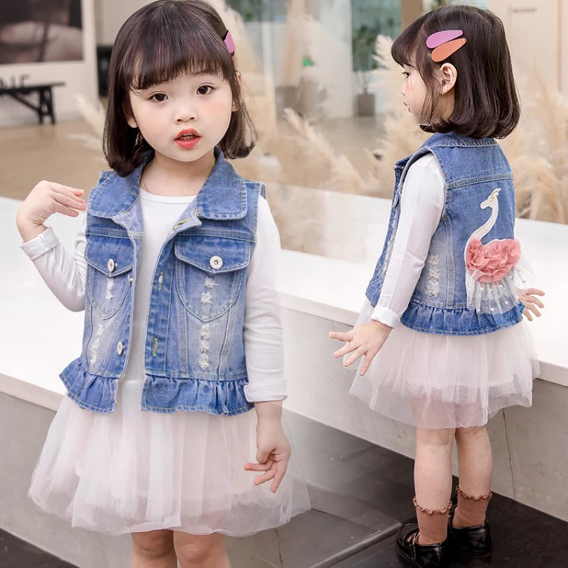 Spring Autumn Girls Vest Cotton Lace Decorate Cartoon Swan Pattern Ruffles Ripped Denim Waistcoat For 2-8 Years Old Kids