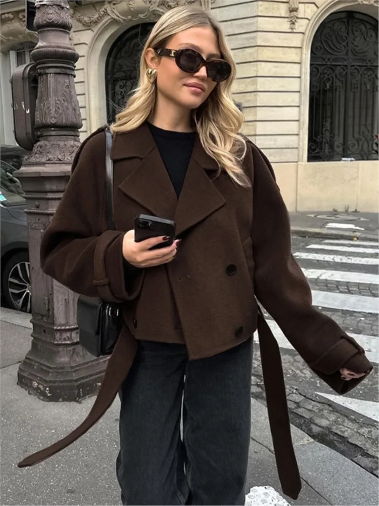 Autumn Winter 2024 New Woolen Cropped Jacket For Women Fashion Double-breasted Turndown Collar Outerwear Office Lady Chic Coats