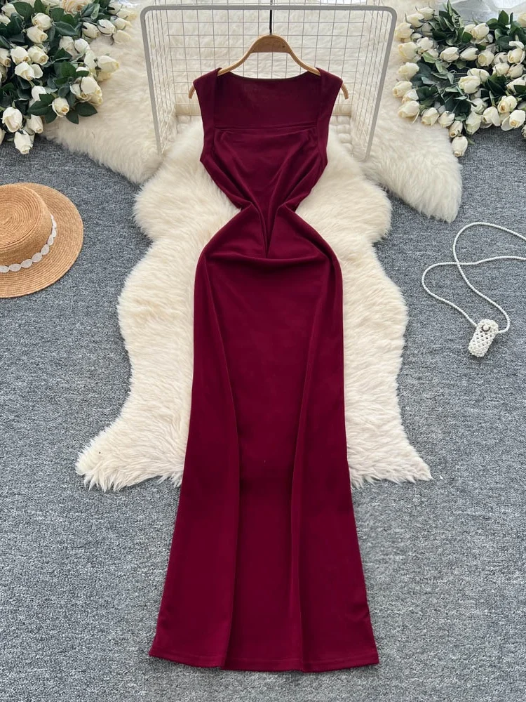 Vestido e mata sin mangas para mujer, falda acampanada de cintura alta, moda de verano, cuello cuad, vestid...