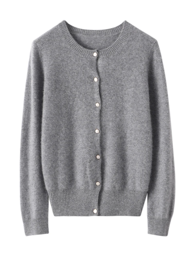 Addonee outono inverno feminino o-pescoço cardigan 100% camisola de caxemira senhora do escritório estilo simples camisola casaco cashmere malhas topos