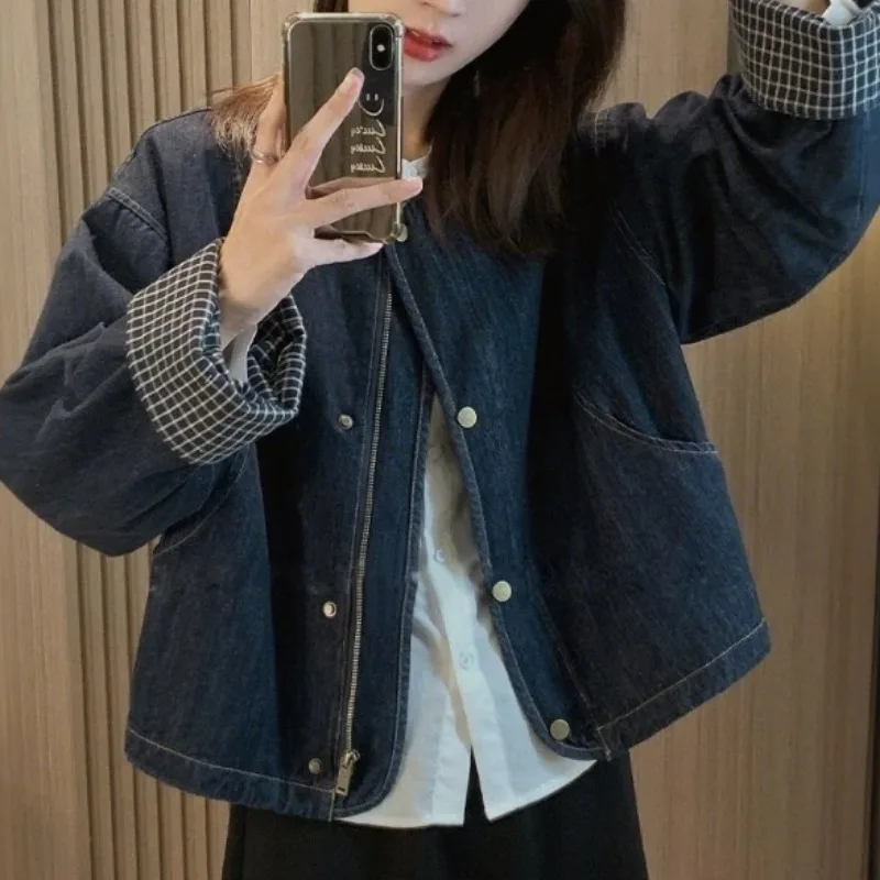 المرأة الرجعية الكورية Sle منقوشة طويلة Sve جولة Ne الدنيم Jaet الربيع Faionable تنوعا مزيج القطن والبوليستر #3