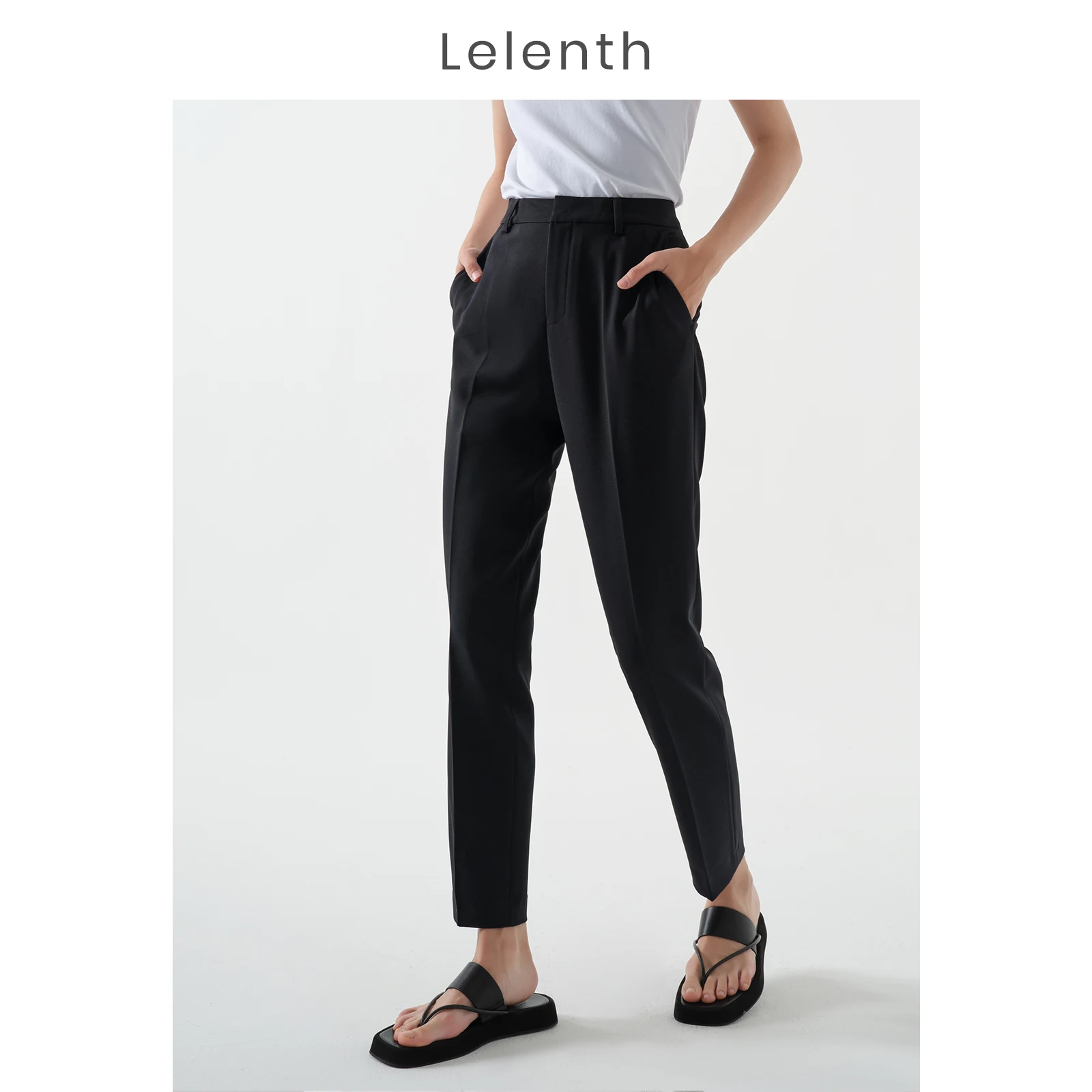 LeLenth Calça feminina cáqui, cintura alta, emagrecimento, drapeado, perna reta, casual, poliéster, ol faion, verão 2025