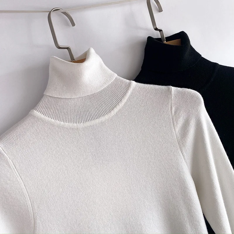 Women'S Wool Turtleneck Sweater Long Sleeve Slim Fit All-Match White Bottoming Shirt