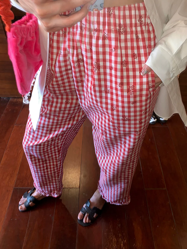 

Women's High Waist Straight Leg Pants Spring Summer Plaid Elastic Waist Design Sense Wooden Small Size Casual Trousers