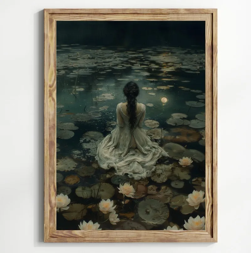 Ophelia Dark Academia Goth Moody Victorian Woman Lake Lotus  Poster Canvas Painting Print Wall Art Cottagecore Home Decor