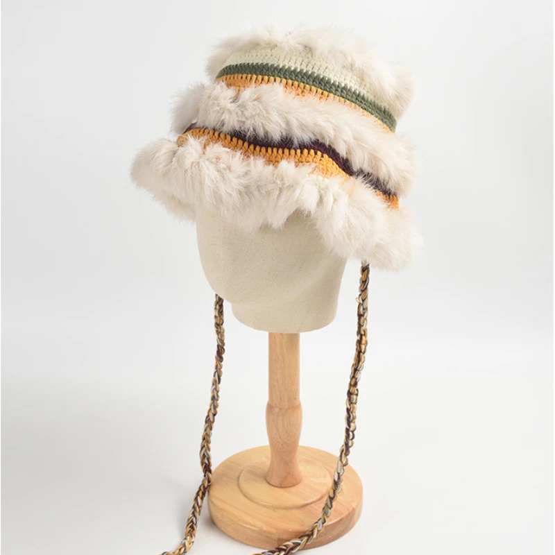 Casual Rabbit Fur Crochet Knitting Hat Women Autumn Winter New Fashion Color Block Plush Earflap Bucket Hat