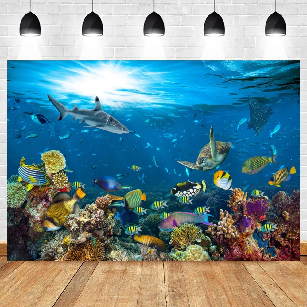 Underwater World Seabed Theme Photography Backdrop Ocean Undersea Sunlight Deep Blue Water Sun Ray Fish Tank Decor Background