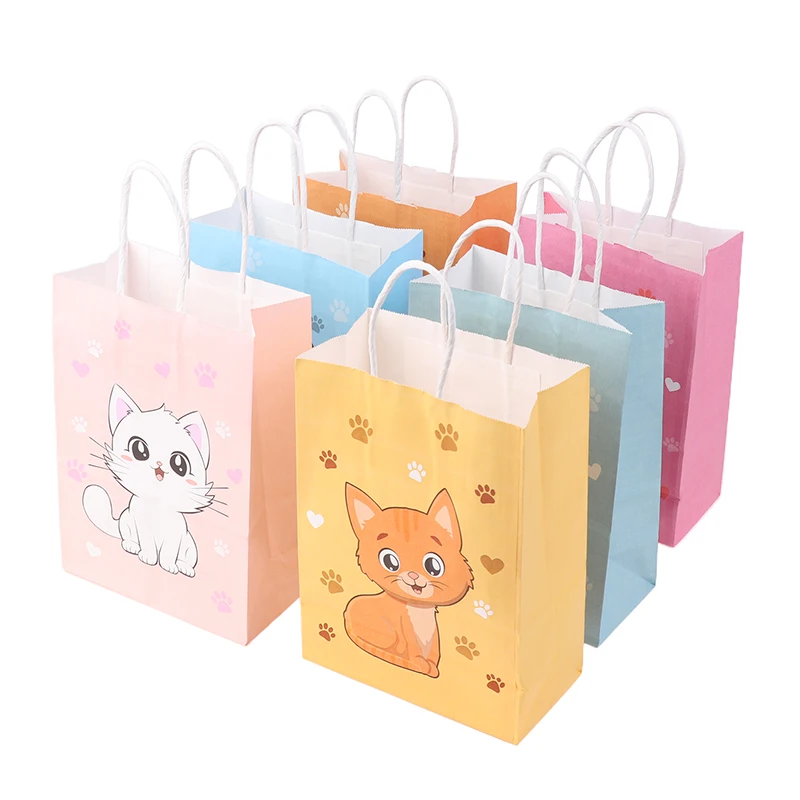 6PCS Colorful Cartoon Cat Paw Print Paper Candy Bags Gift Bags With Handles For Pet Theme Kid Birthday Party Decorations Favors