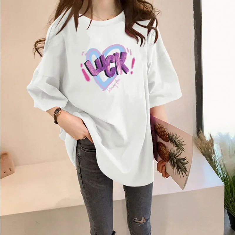 Women Oversized Love Print Short Sleeve Shirt Summer Fashion Slouchy Style Relaxed Clothes Crew Neck T-Shirt Creative Clothes