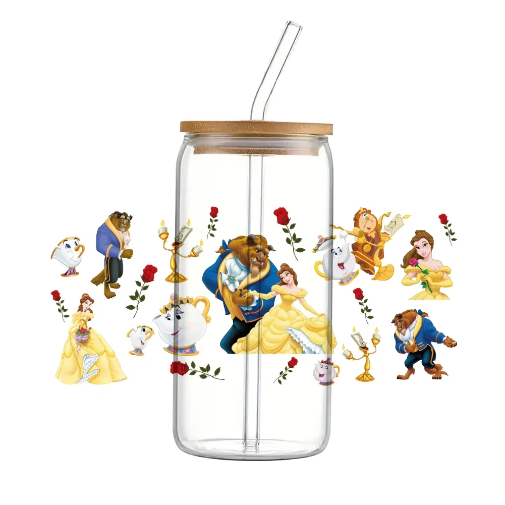 Princesa da Disney-adesivos de transferência uv dtf, 16oz, impermeável, adesivo permanente, para copo, vidro, cerveja, lata, copo