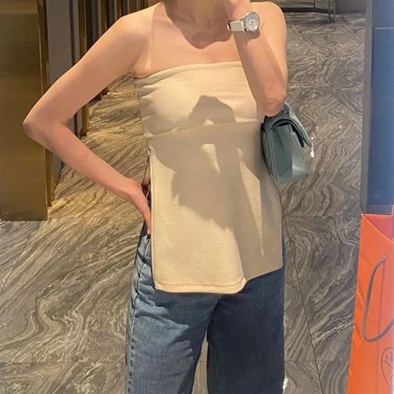 

2024 Women's Tops Strapless Solid Color Zipper Decoration Slim Fit Blouse Shirt Women Off Shoulder Shirt