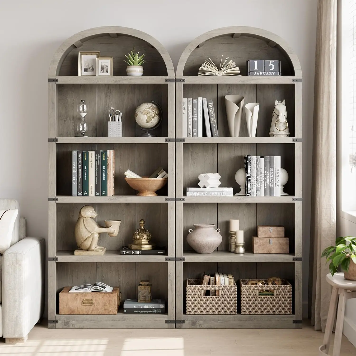 Gewölbtes Bücherregal mit 5 Regalen, 71,65 Zoll hohes Bücherregal, Bauernhaus-Display, Lagerregal, Bücherregale aus Holz für Zuhause, Büro, Wohnzimmer – Detail 2